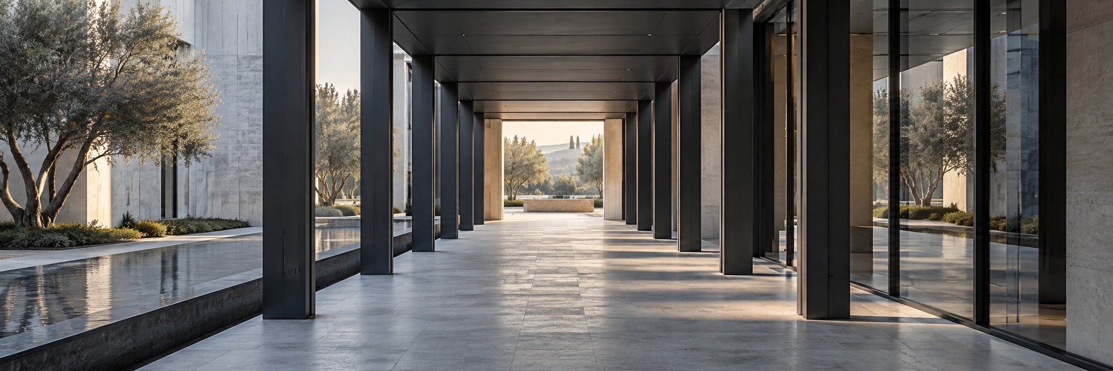 Modern architectural passage with repeating frames leading toward daylight