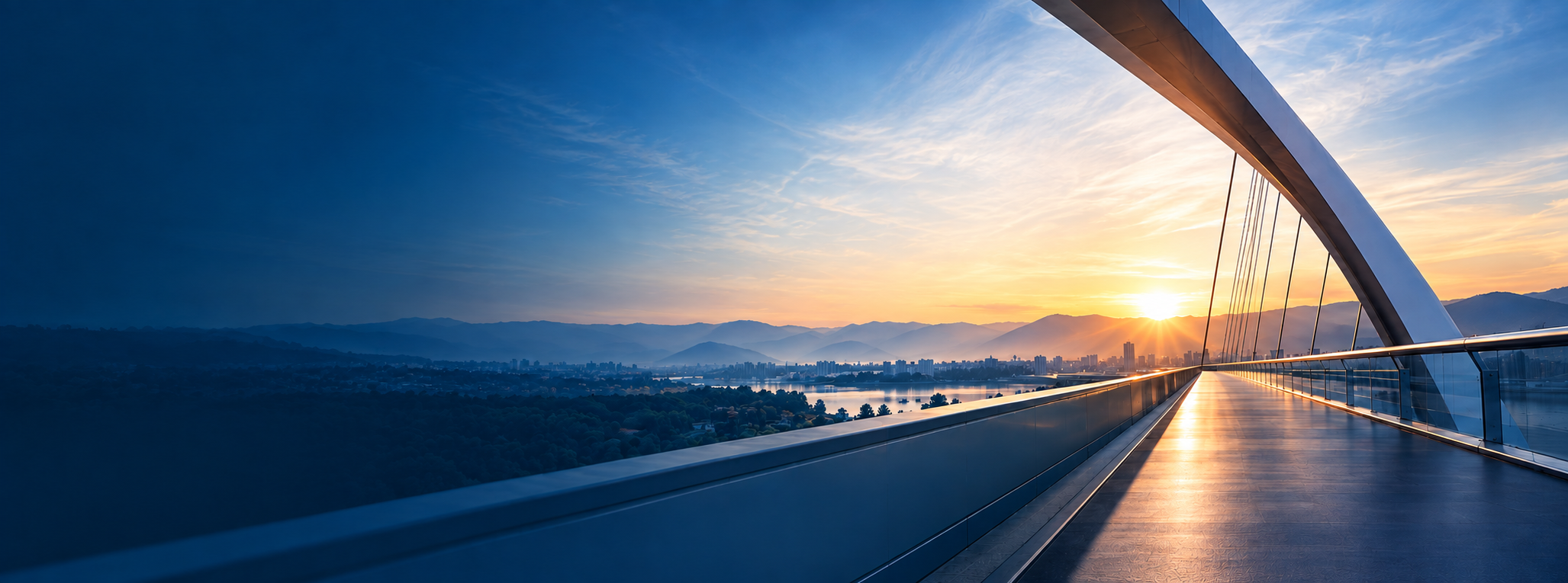 HMS — Leadership, transformation and results. Bridge at sunrise.